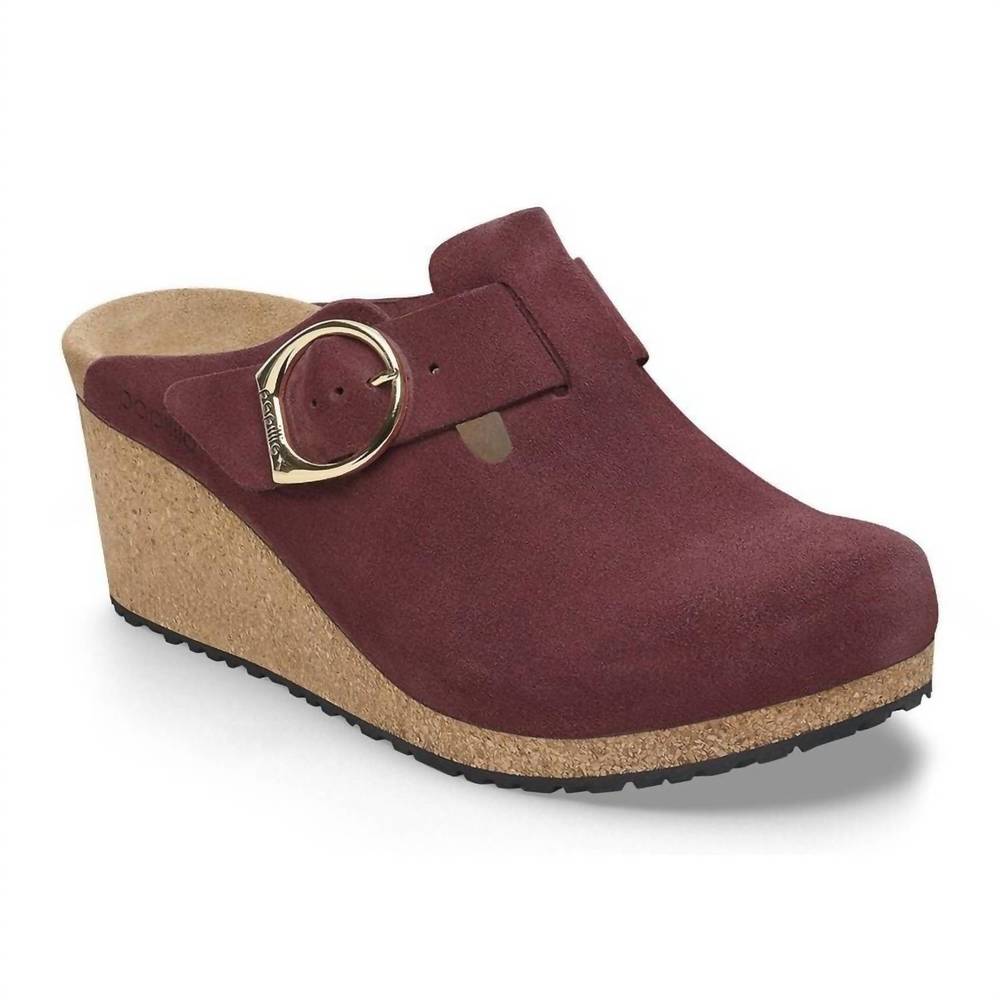 Birkenstock Maroon Suede Clogs with Gold Accent